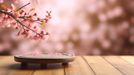 Generative AI : Top of wood table with pink cherry blossom flower on sky background Empty ready for your product display or montageの素材