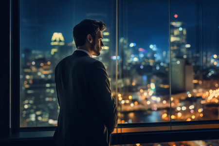 Generative AI : Businessman Cityscape Skyline Night Light Vision Conceptの素材