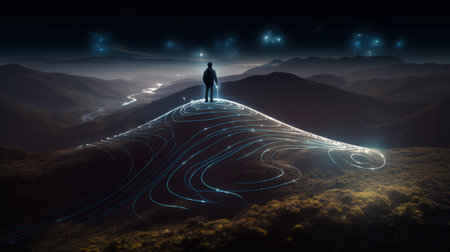 Generative AI : A science fiction concept A man standing on a hill lookin gout across space with a bright light in the skyの素材