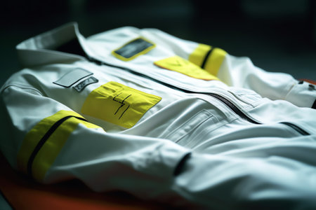 Generative AI : Space suit details Close up on zip and buckle White fabric blue straps Hightech concept for space travel and astronautical missions Hightech concept advanced researの素材