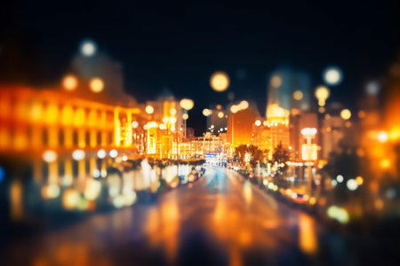 Generative AI : Abstract urban night light bokeh defocused backgroundの素材