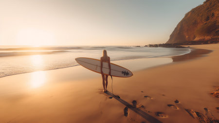 Generative AI : Distant traveler with surfboard walking on shore near waving sea at beach against skyの素材