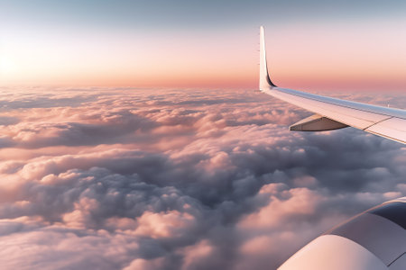 Generative AI : View from window of airplane during flight above clouds at dawn Selective focus on aircraft wingの素材