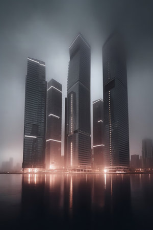 Generative AI : View of modern building with dark mist on the mystic dark cityの素材