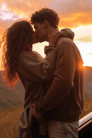 Generative AI : young couple tenderly embracing in the sunsetの素材