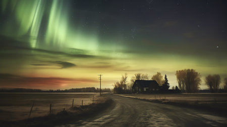 Generative AI : Panorama of dancing Northern lights Aurora borealis in autumn over wooden house apple tree tree benches in backyard Umea town Sweden night Copy spaceの素材