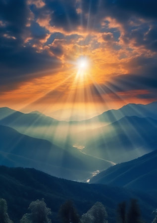 Generative AI : New earth and heaven concept Sun light and early morning mountain sky backgroundの素材
