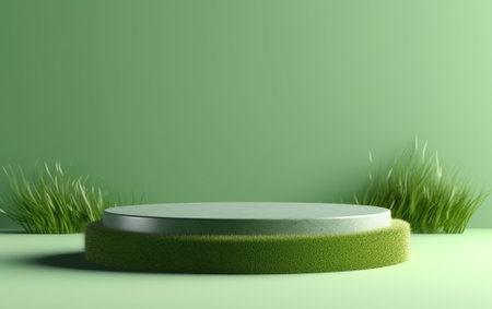 Generative AI : Green Grass Texture with a 3d white podium or stand made from stone or concrete with blue skyの素材