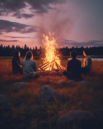 Generative AI : People resting near big bonfire outdoor at nightの素材