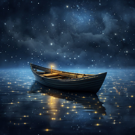 Generative AI : fishing boat sails under the milky way at nightの素材