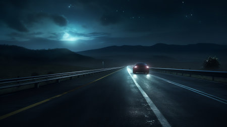 Generative AI : Mountain Road through the forest on a full moon night Scenic night landscape of dark blue sky with moon Azerbaijan Long exposure shotの素材