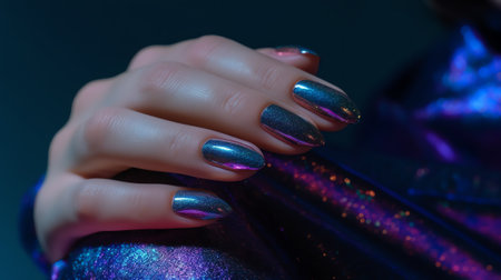 Generative AI : Close up Shiny dark blue magnetic design gel nail art painting on woman acrylic fingernail almond shape decorated with sparkling big blue diamond on ringfingerhandの素材