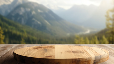 Generative AI : wooden table top with the mountain landscapeの素材