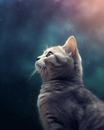 Generative AI : Closeup cat portrait looking at planet in the universe fantasy imageの素材