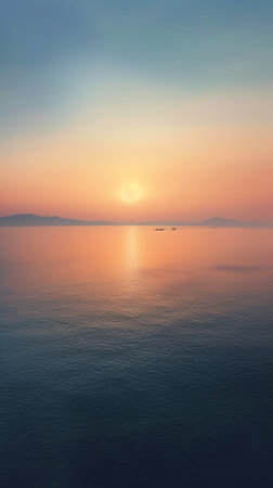 Generative AI : A sky with haze turning into cloudy on the horizon during the white nights at sunset over a calm sea with fine ripplesの素材