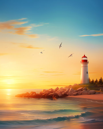 Generative AI : A beautiful sunset with a lighthouseの素材