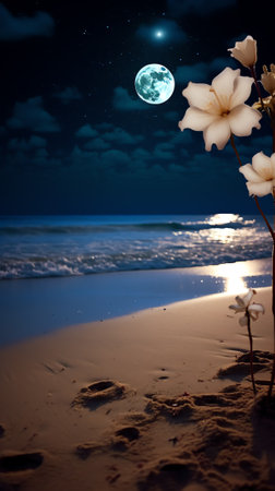 Generative AI : Beautiful nature fantasy romantic beach and full moon with star Retro style with vintage color tone Summer season honeymoon in night skies background conceptの素材