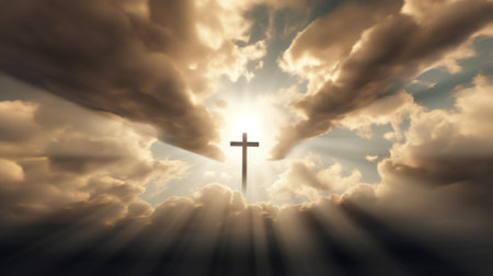 Generative AI : Sky opening up with light rays shining on a cross with doves flying Religious theme conceptの素材
