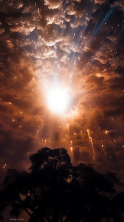 Generative AI : Dramatic sunlit sky filled with stars as beautiful natural backgroundの素材