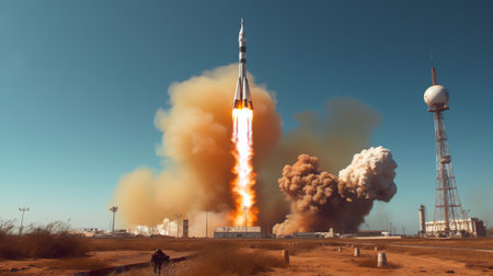 Generative AI : Launch of the Soyuz rocket from the launch pad of the Baikanur cosmodrome Cosmonautics launch of the rocket launchの素材