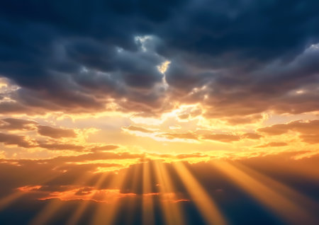 Generative AI : Natural colors Evening sky Shine new day for HeavenThe light from heaven from the sky is a mysteryIn twilight golden atmosphereModern sheet structure designの素材