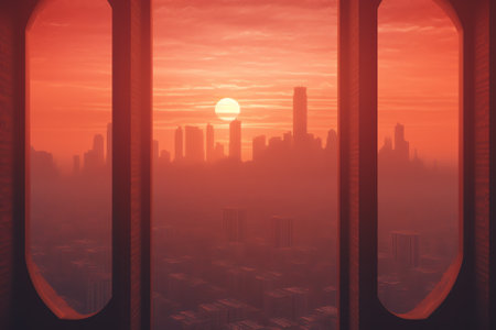Generative AI : Through triple window POV with scenic city downtown cityscape black building silhouettes against fiery orange to blue dramatic sunset or sunrise on early morning tiの素材
