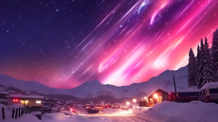 Generative AI : fantastic winter meteor rain and mountains in the mistの素材