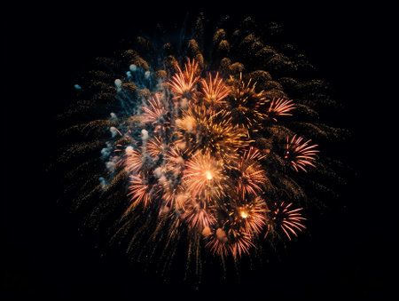 Generative AI : From below shot of wonderful vivid fireworks exploding on background of black night skyの素材