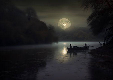 Generative AI : Night mystical scenery Full moon over foggy riverの素材