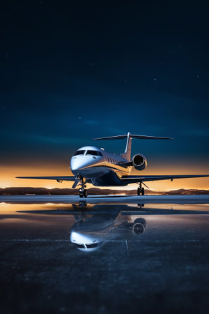 Generative AI : modern airplane business jet flying across starry night sky with speed stars half moon night flight of plane silhouette with lights on cosmos space background aeriaの素材