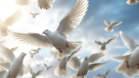 Generative AI : White flock of birds flyingの素材