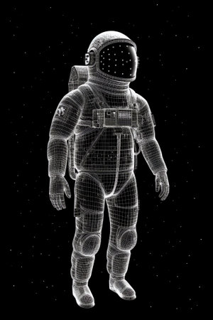 Generative AI : Empty suit of an astronaut on a black background Old protective space suit for cosmonaut Used spacesuit on dark backgroundの素材