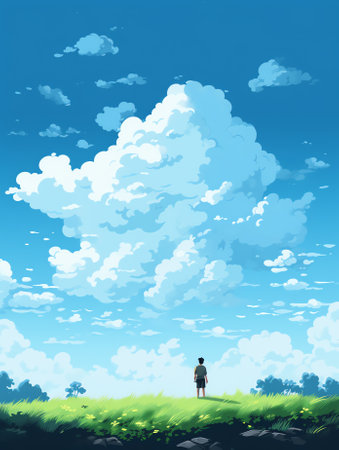 Generative AI : Blue sky and cloud with meadow tree Plain landscape background for summer posterの素材