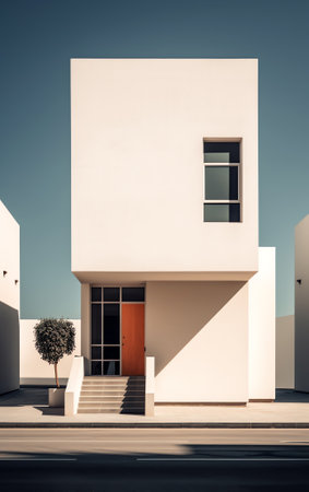 Generative AI : Minimal geometric architecture background of modern beige building against blue sky in low angle and perspective side viewの素材