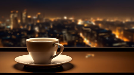 Generative AI : Cup with a hot drink and full moon background at night Blurred background Focus coffeeの素材