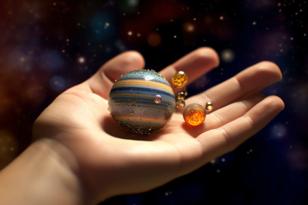 Generative AI : A miniature universe rests on the finger tips of a handの素材
