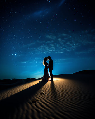 Generative AI : Couple kiss standing on the dunes of Sahara desert under a sky full of stars and the Milky Way Love and Galaxyの素材