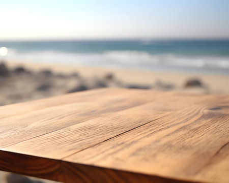 Generative AI : Empty rustic wooden table on blur background of beautiful beach for mockup summer product display or travel ad Picnic table with customizable space on tabletop forの素材