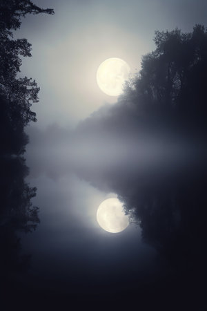 Generative AI : Night mystical scenery Full moon over foggy riverの素材