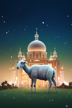 Generative AI : a shepherd grazing sheep at night under the new moon crescent in a desert at the roadside Image depicting Ramadan conceptの素材