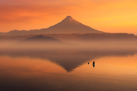 Generative AI : Misty morning light in volcano island mountain landscape National park Golden color sunrise moment Beauty nature view with blue sky Top peak mountain in silhouetteの素材