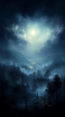 Generative AI : cold fog on forest near mountains at night in moon lightの素材