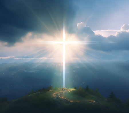 Generative AI : Sky opening up with light rays shining on a cross with doves flying Religious theme conceptの素材