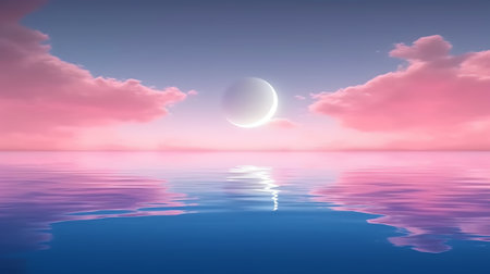 Generative AI : Pink sunset clouds sky with full moon and stars Dream magic evening sky with moon clouds Blue hours skyの素材