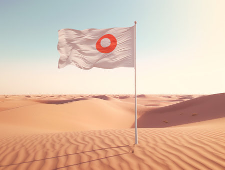 Generative AI : Waving flags on pole on beach against cloudless sky on blurred background during summer in nature sahara mauritaniaの素材