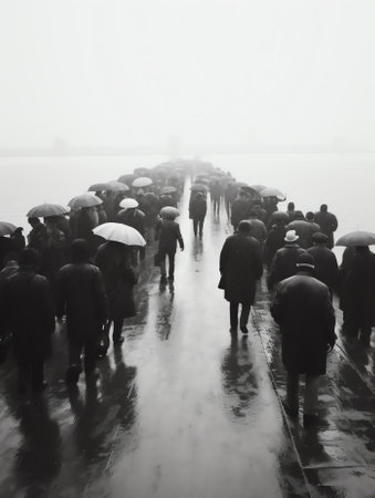 Generative AI : landscape in rainy weather a group of people far awayの素材
