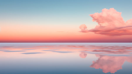 Generative AI : Clear blue sunset sky with glowing pink clouds above the sea Symmetry reflections on the water natural mirror Breathtaking panoramic scenery Idyllic landscape Climaの素材