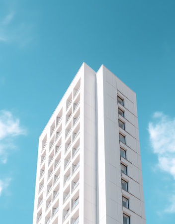 Generative AI : Minimal geometric architecture background of modern beige building against blue sky in low angle and perspective side viewの素材