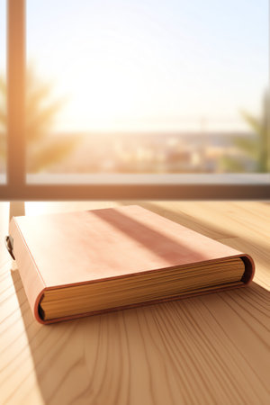 Generative AI : Wooden table with open book and beautiful universe on backgroundの素材