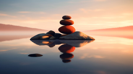 Generative AI : Stones in zen balance on a lake and the planet mars as a backgroundの素材